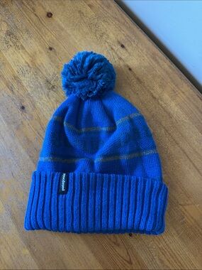 Patagonia Blue Pom-Pom Beanie with Subtle Stripe
